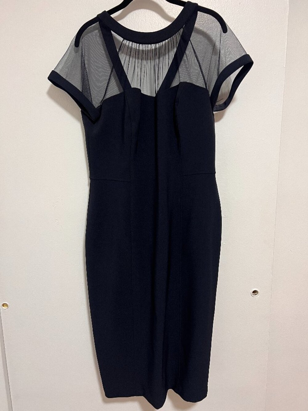 Maggy London short sleeved navy sheer top & crepe cocktail dress womans size 14